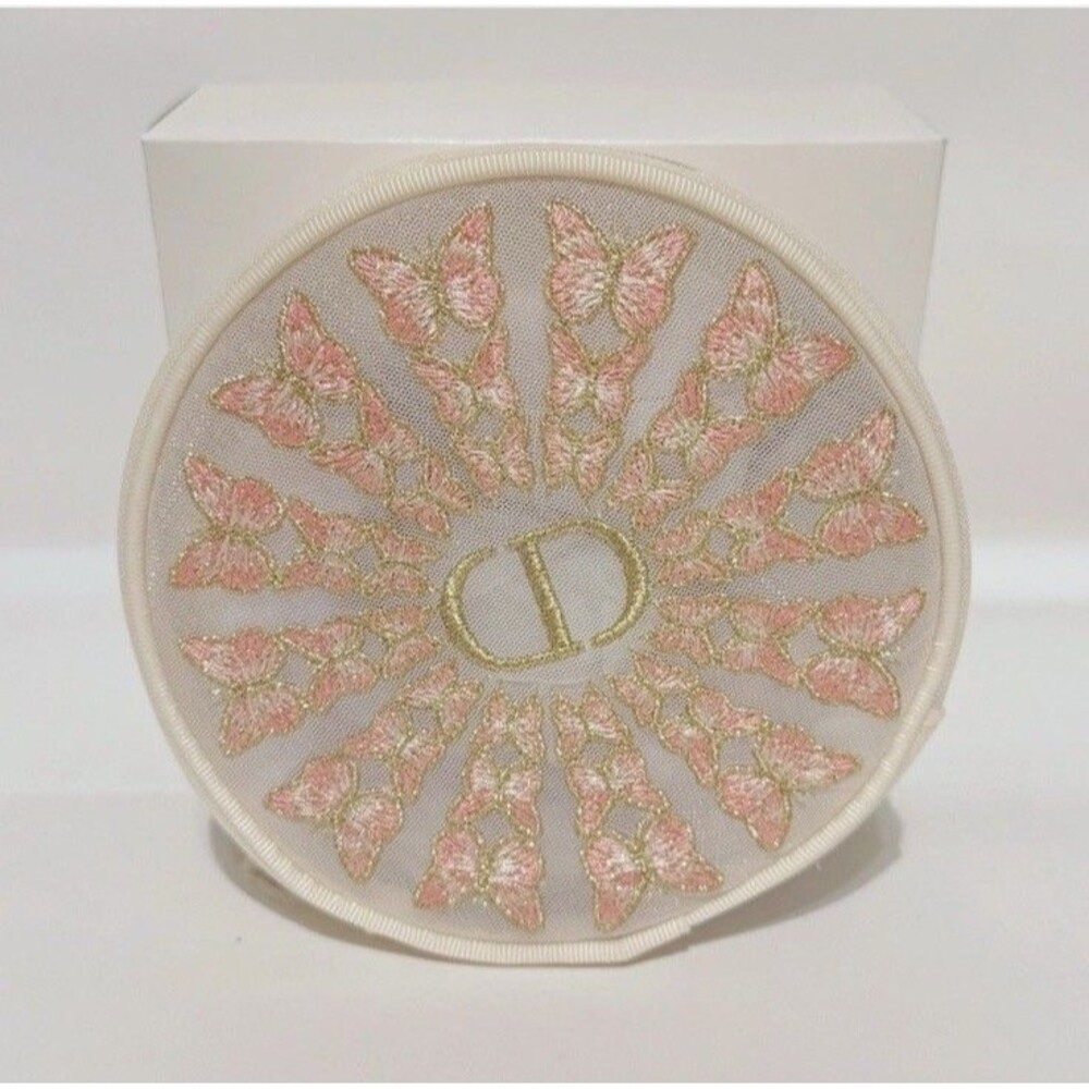 Dior Butterfly Mesh Makeup Bag Round Pink Embroidered Pouch New With Box